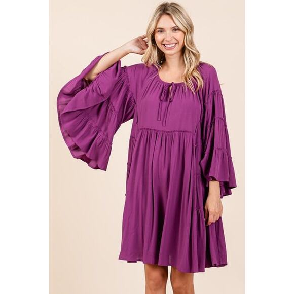 Mittoshop Frill Tie Neck Long Bell Sleeves Ruffle Detail Mini Dress | Violet - Picture 5 of 7